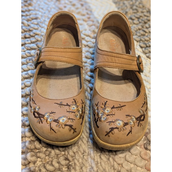 Alegria Shoes - Alegria Kourtney Tan Leather Floral Embroidered Mary Jane Clogs Size 37 6.5